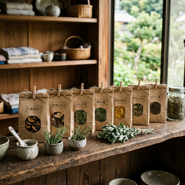 利用者が手づくりした乾燥ハーブと椎茸チップス